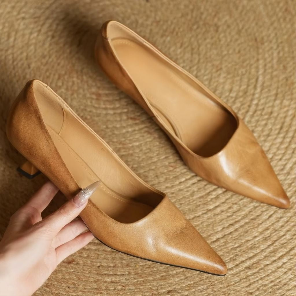 Pointed Toe Block Heel Pumps - Khaki