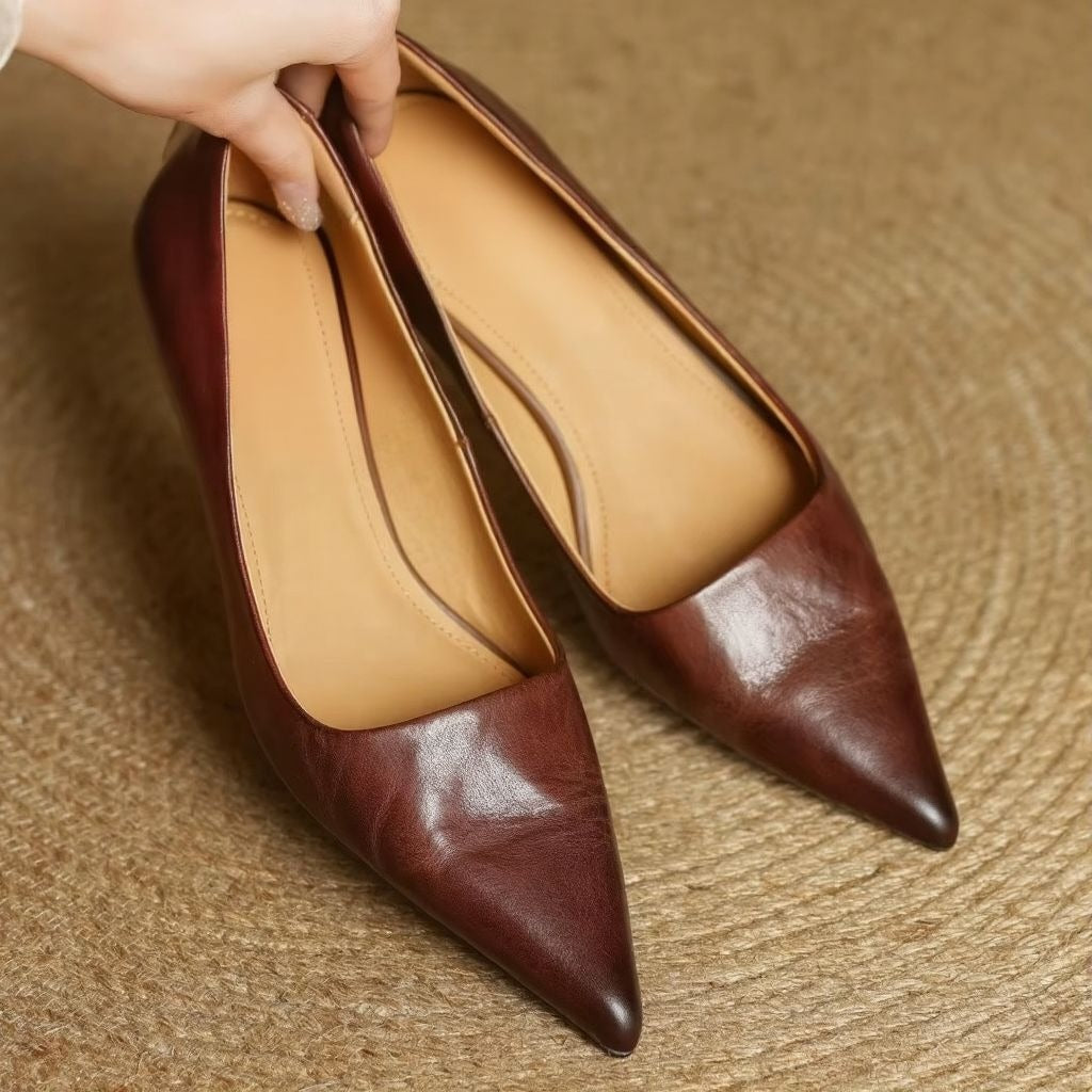 Pointed Toe Block Heel Pumps - Brown