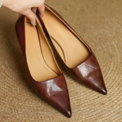 Pointed Toe Block Heel Pumps - Brown