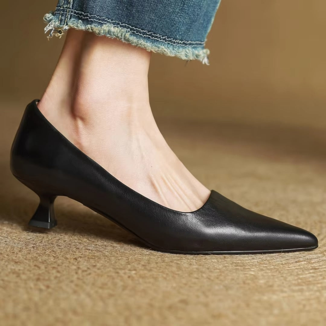 Pointed Toe Block Heel Pumps - Black
