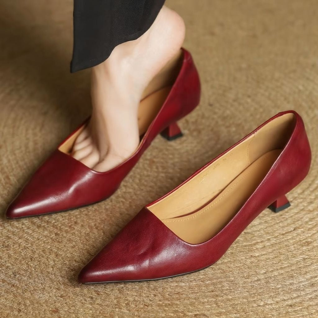 Pointed Toe Block Heel Pumps - Red