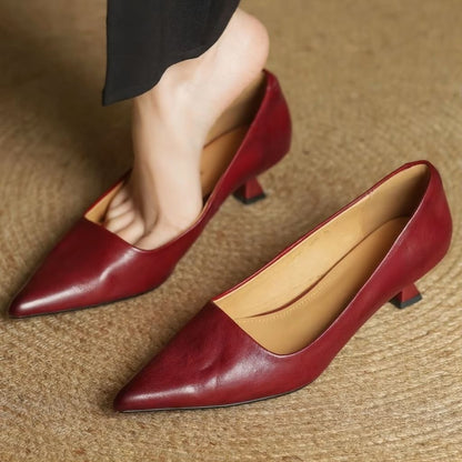 Pointed Toe Block Heel Pumps - Red