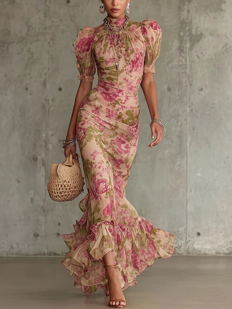 Women's Floral Chiffon Maxi Dress - Pink