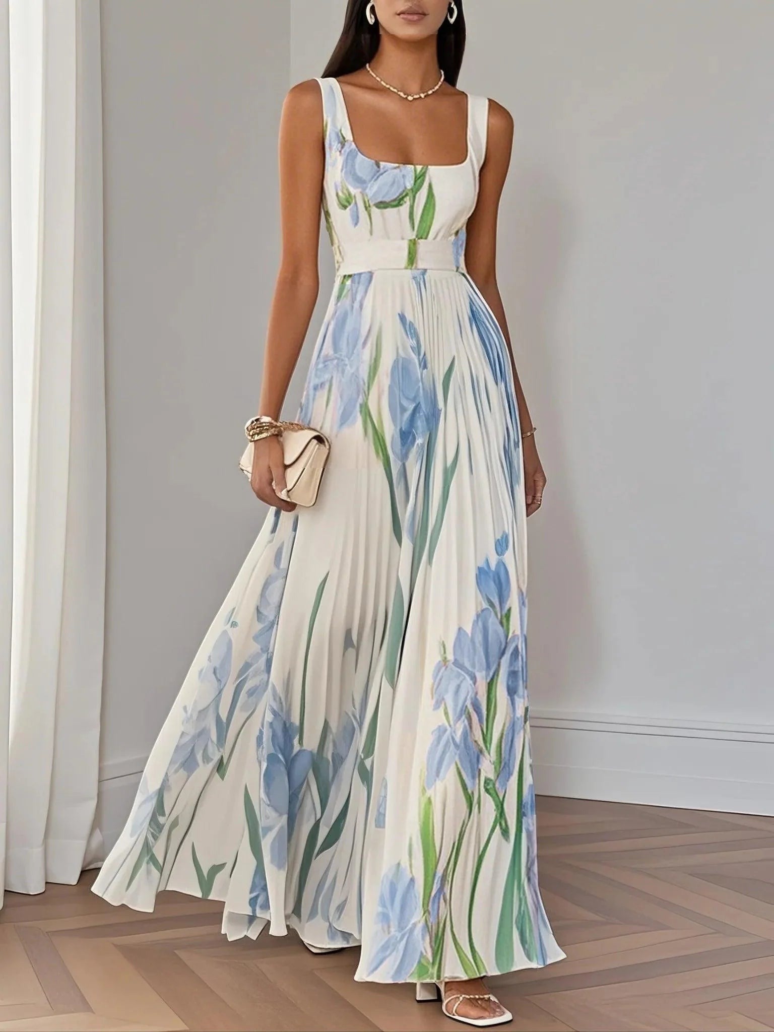 Floral Pleated Maxi Dress - Light Blue