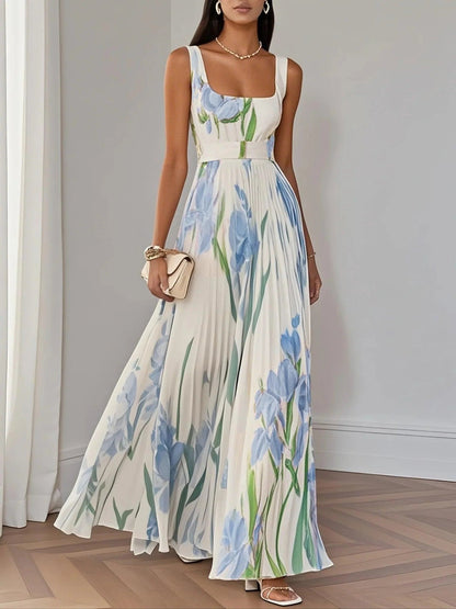 Floral Pleated Maxi Dress - Light Blue