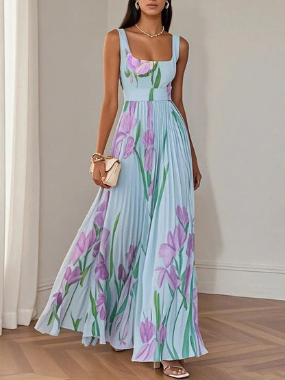 Floral Pleated Maxi Dress - Blue