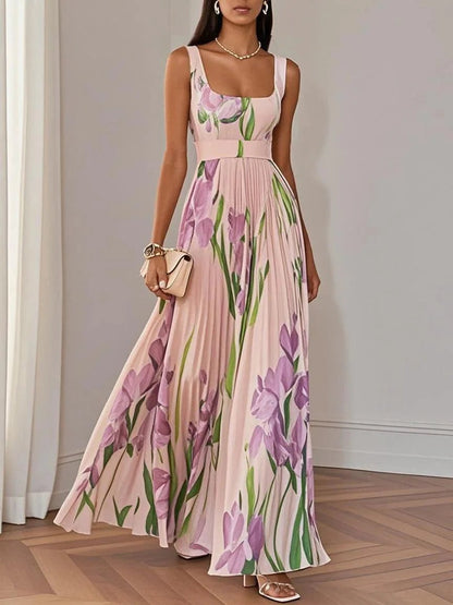 Floral Pleated Maxi Dress - Pink