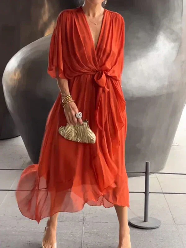 Boho Wrap Midi Dress - Orange
