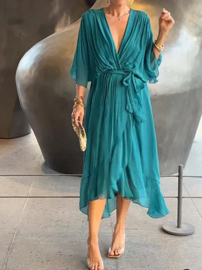 Boho Wrap Midi Dress - Navy Blue