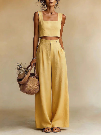 Crop Top Pants Two Piece Set - Yellow