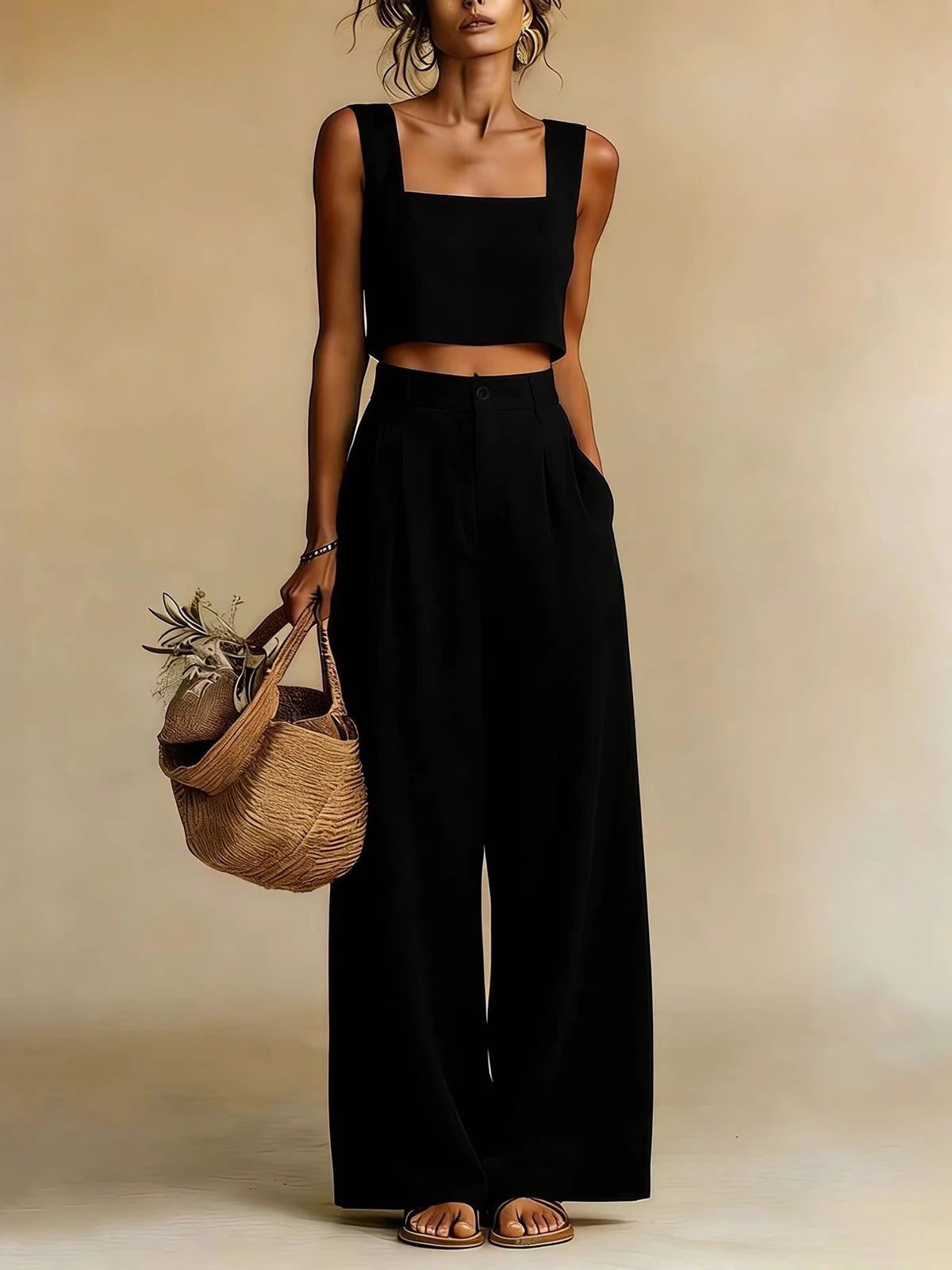 Crop Top Pants Two Piece Set - Black