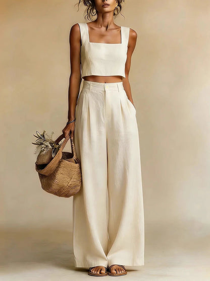 Crop Top Pants Two Piece Set - Beige