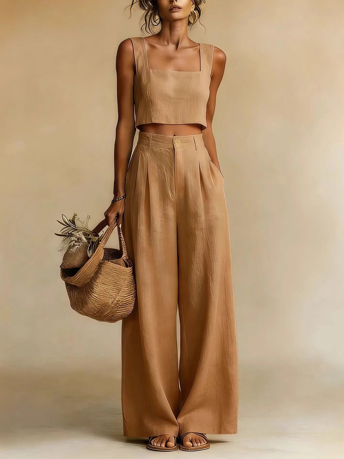 Crop Top Pants Two Piece Set - Brown