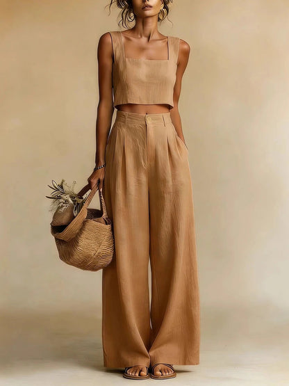 Crop Top Pants Two Piece Set - Brown