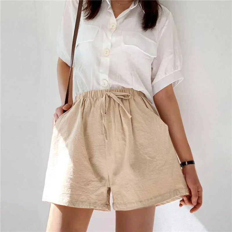 High Waisted Drawstring Shorts - Khaki