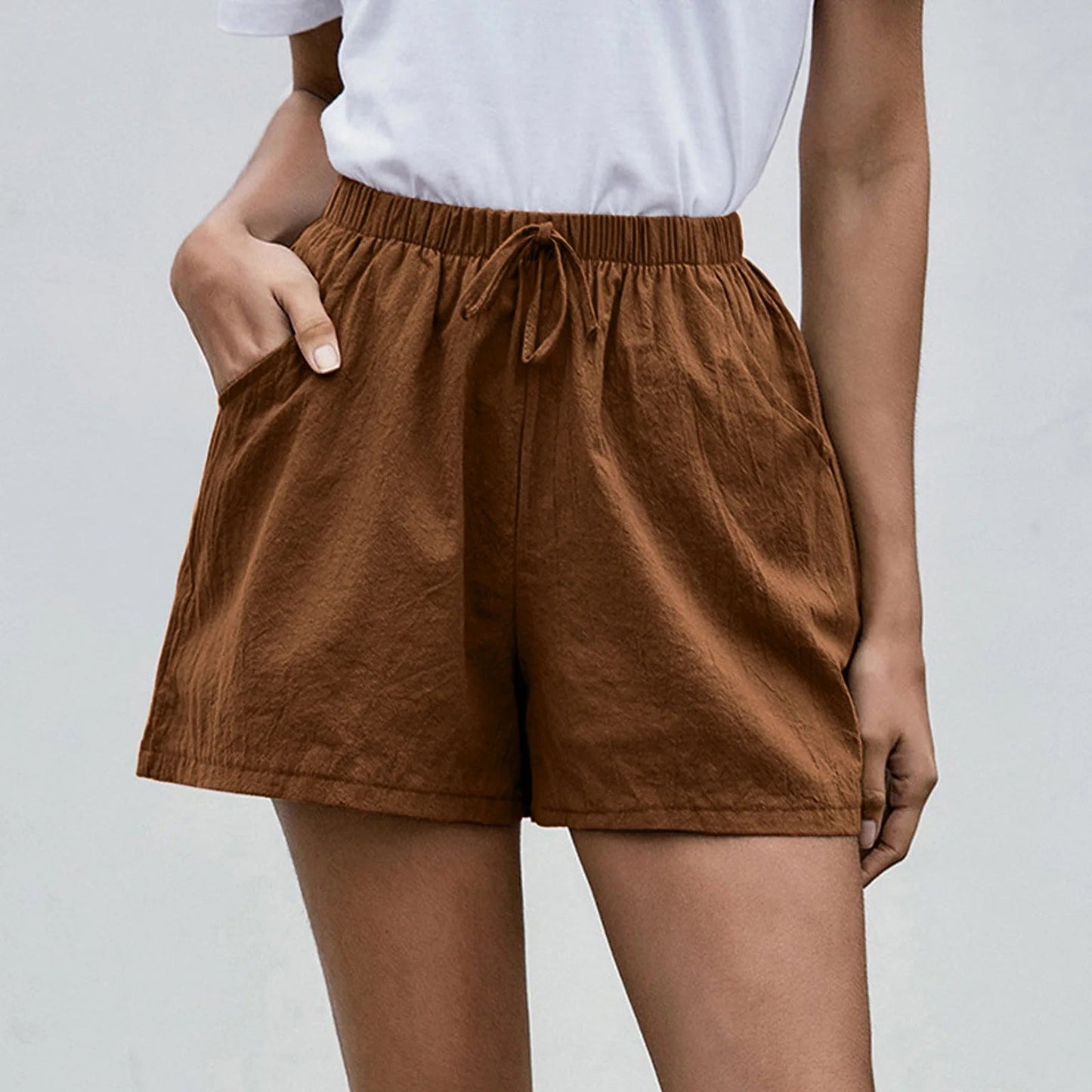 High Waisted Drawstring Shorts - Brown