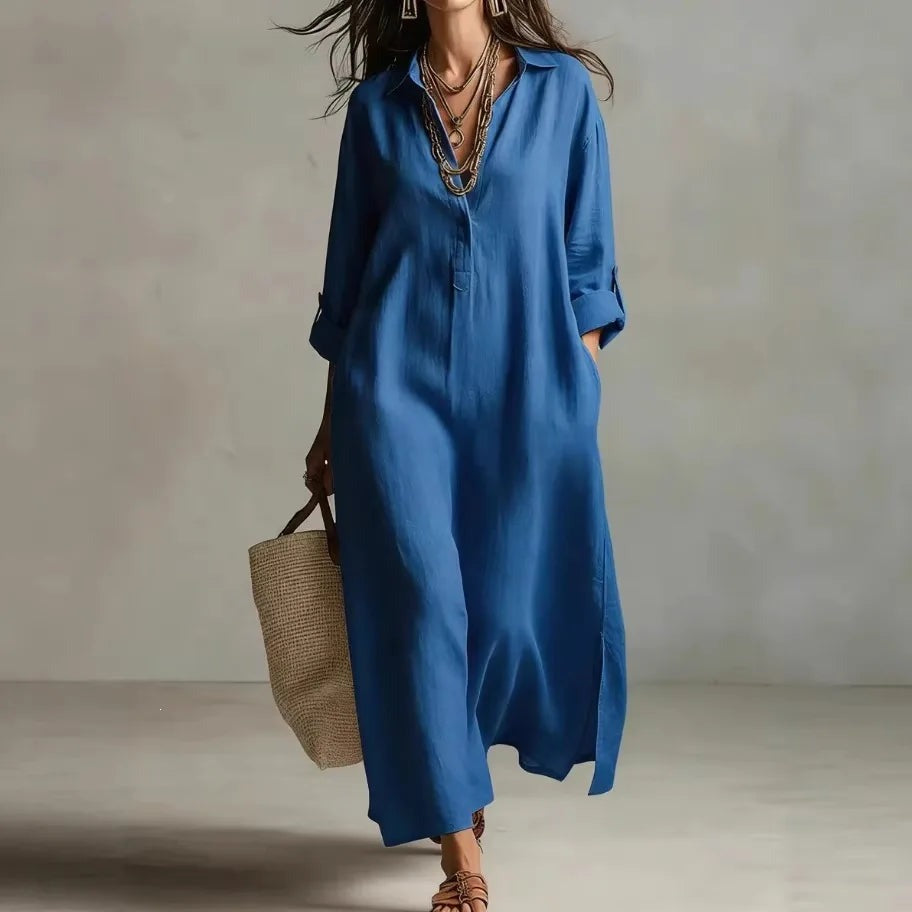 Long Sleeve Maxi Shirt Dress - Blue