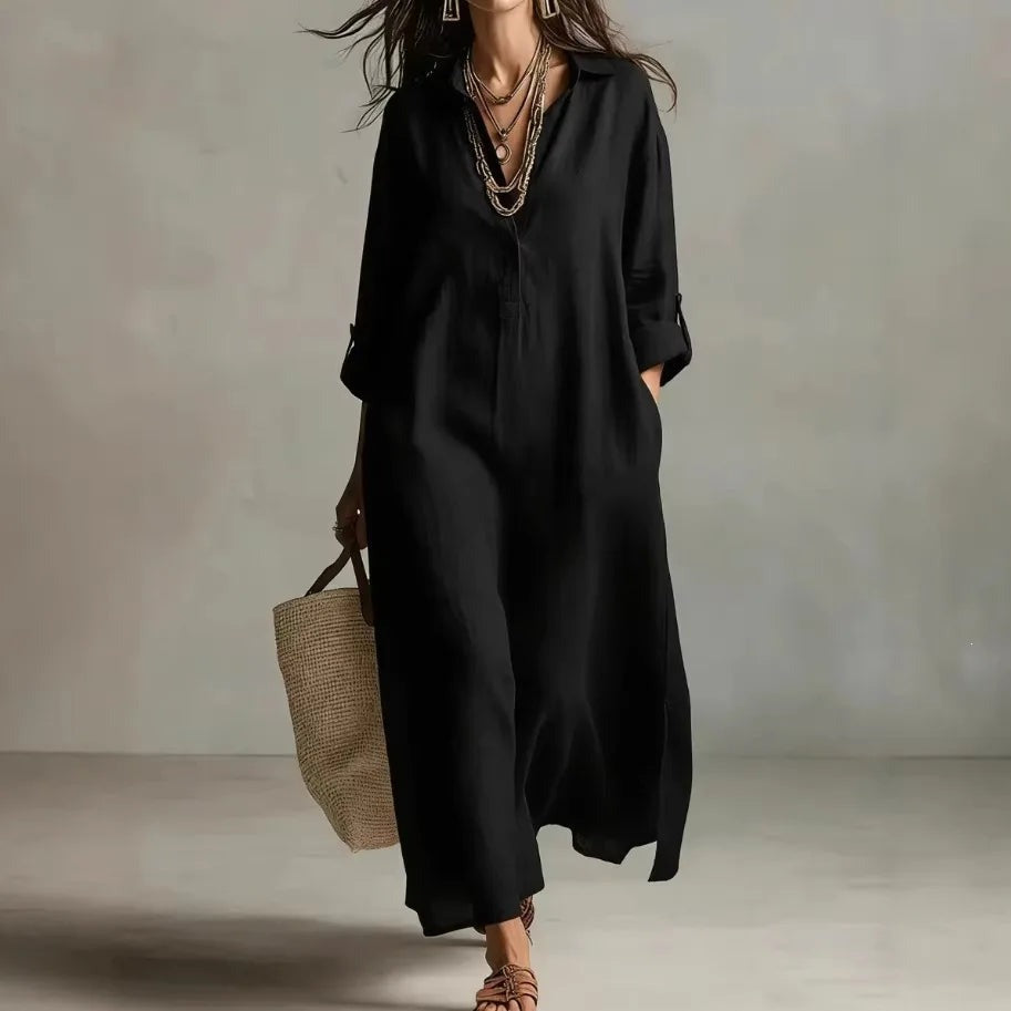 Long Sleeve Maxi Shirt Dress - Black