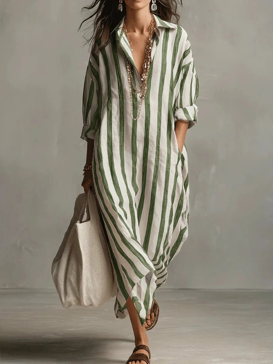 Women's Striped Maxi Shirt Dress - Green