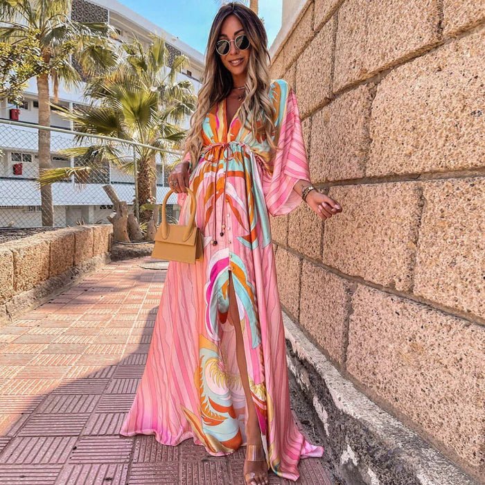 Women's Vacation Maxi Kaftan Dress - Light Pink