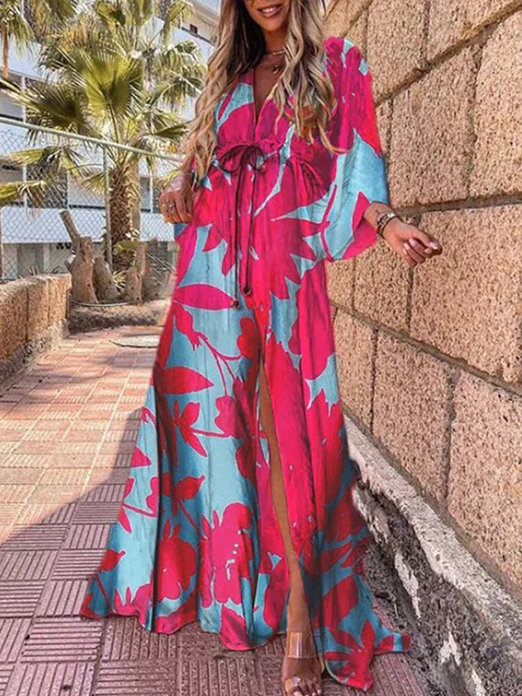 Women's Vacation Maxi Kaftan Dress - Blue-pink