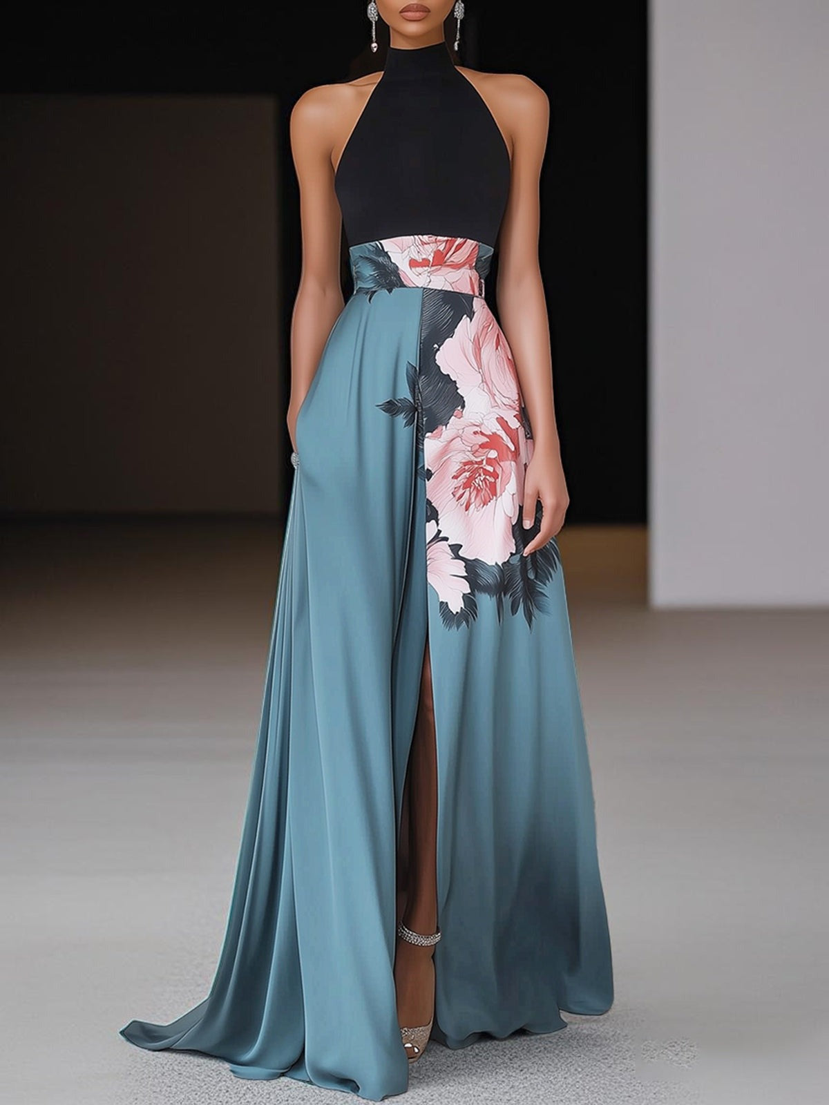 Floral Wedding Guest Maxi Dress - Black