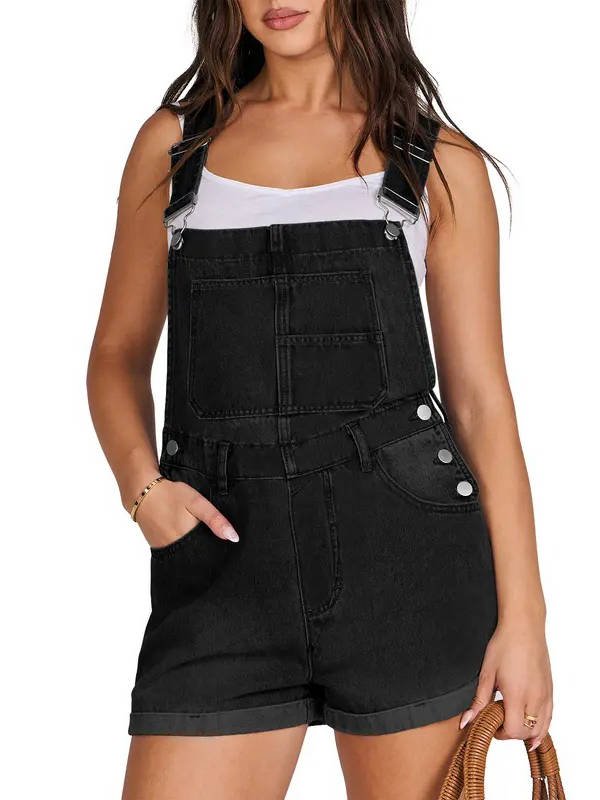 Women's Adjustable Denim Overall Shorts - Black