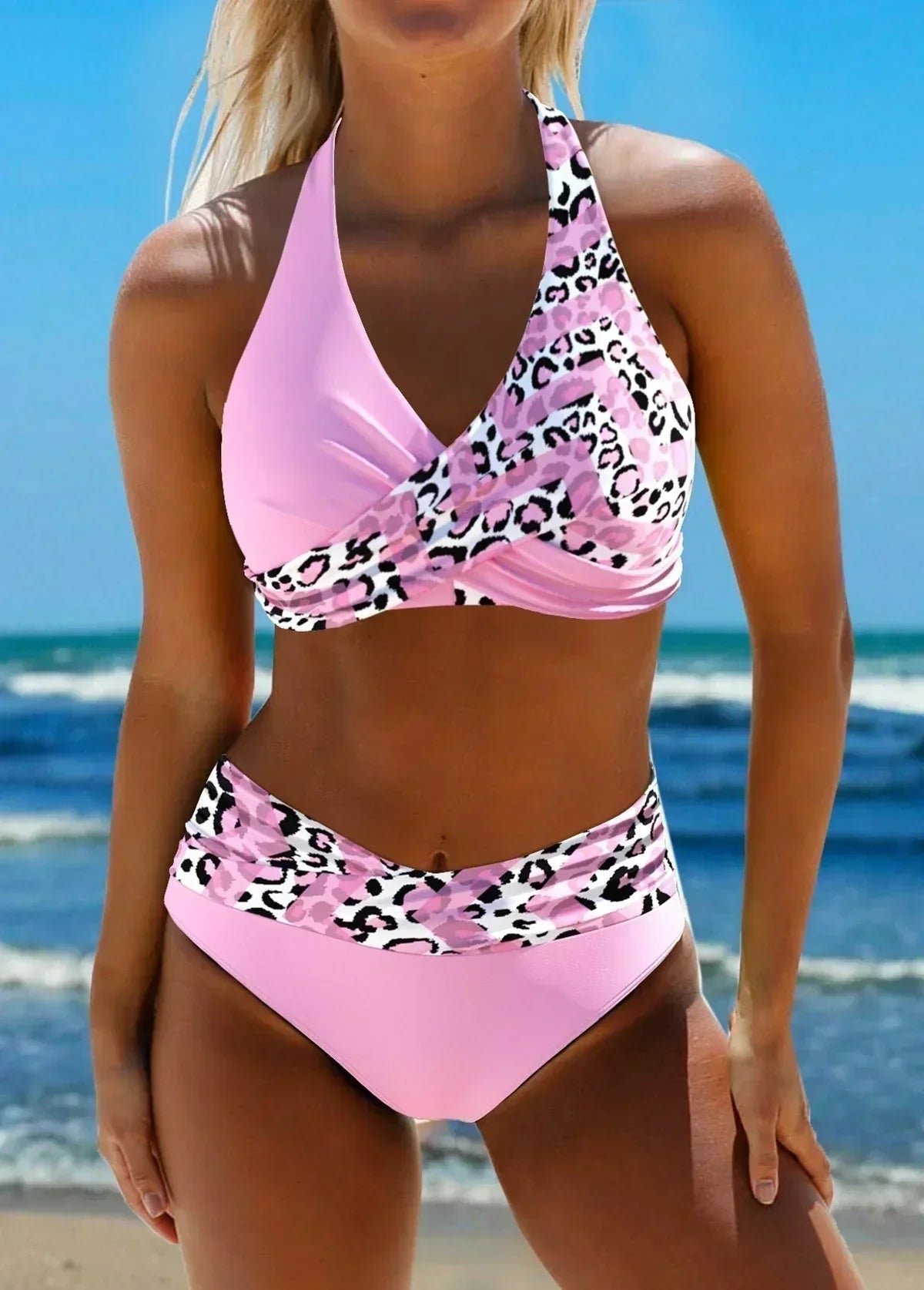 High Waisted Leopard Bikini Set - Pink