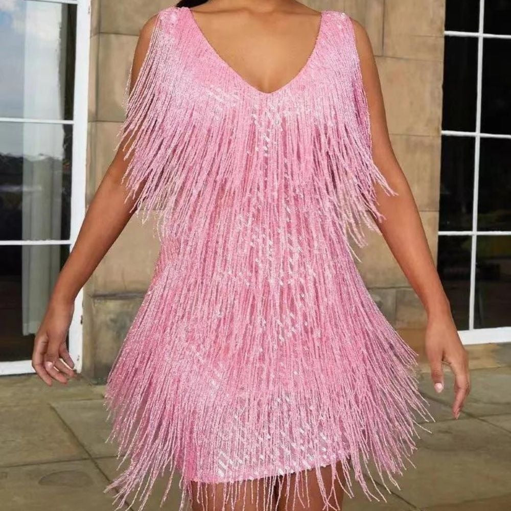 Sequin Fringe Mini Dress - Pink