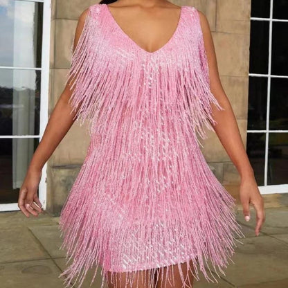 Sequin Fringe Mini Dress - Pink