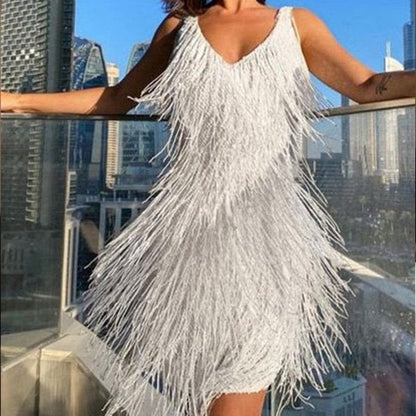 Sequin Fringe Mini Dress - White