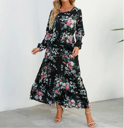 Long Sleeve Floral Maxi Dress - Black