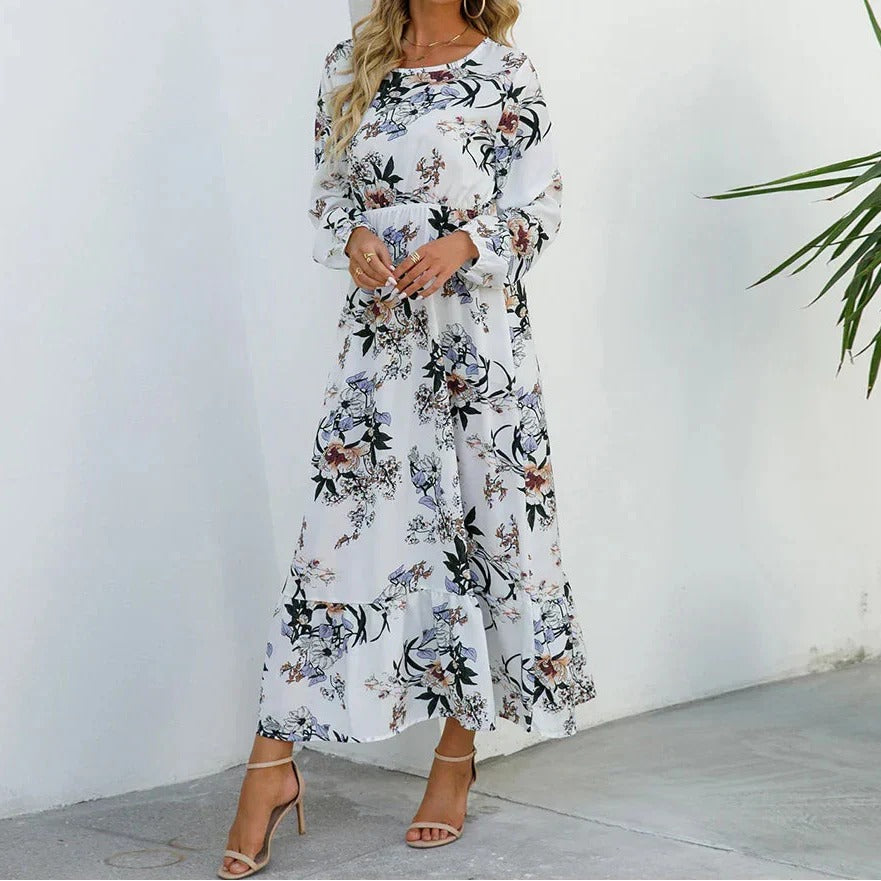 Long Sleeve Floral Maxi Dress - White with Black