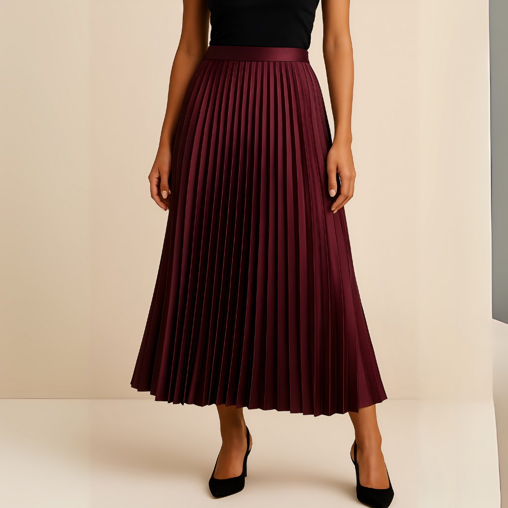 Women's Pleated Faux Leather Midi Skirt - Bordeaux
