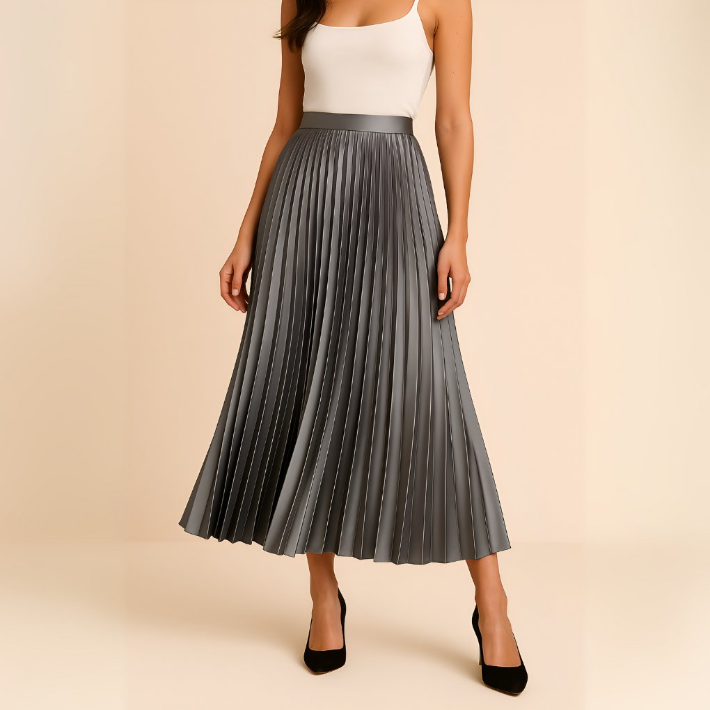 Women's Pleated Faux Leather Midi Skirt - Gray