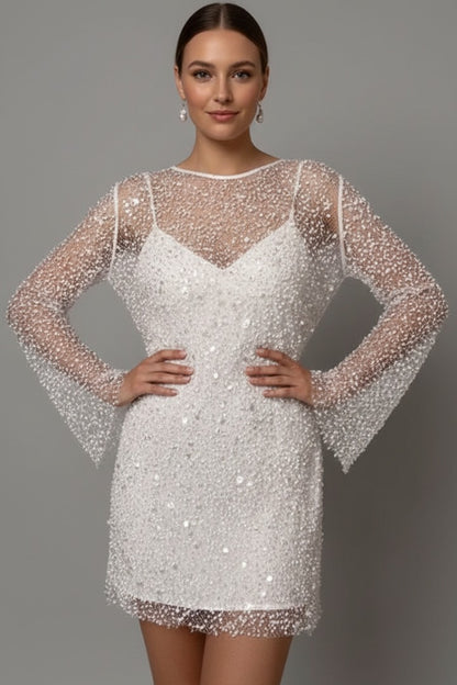 Long Sleeve Sequin Mini Dress - White