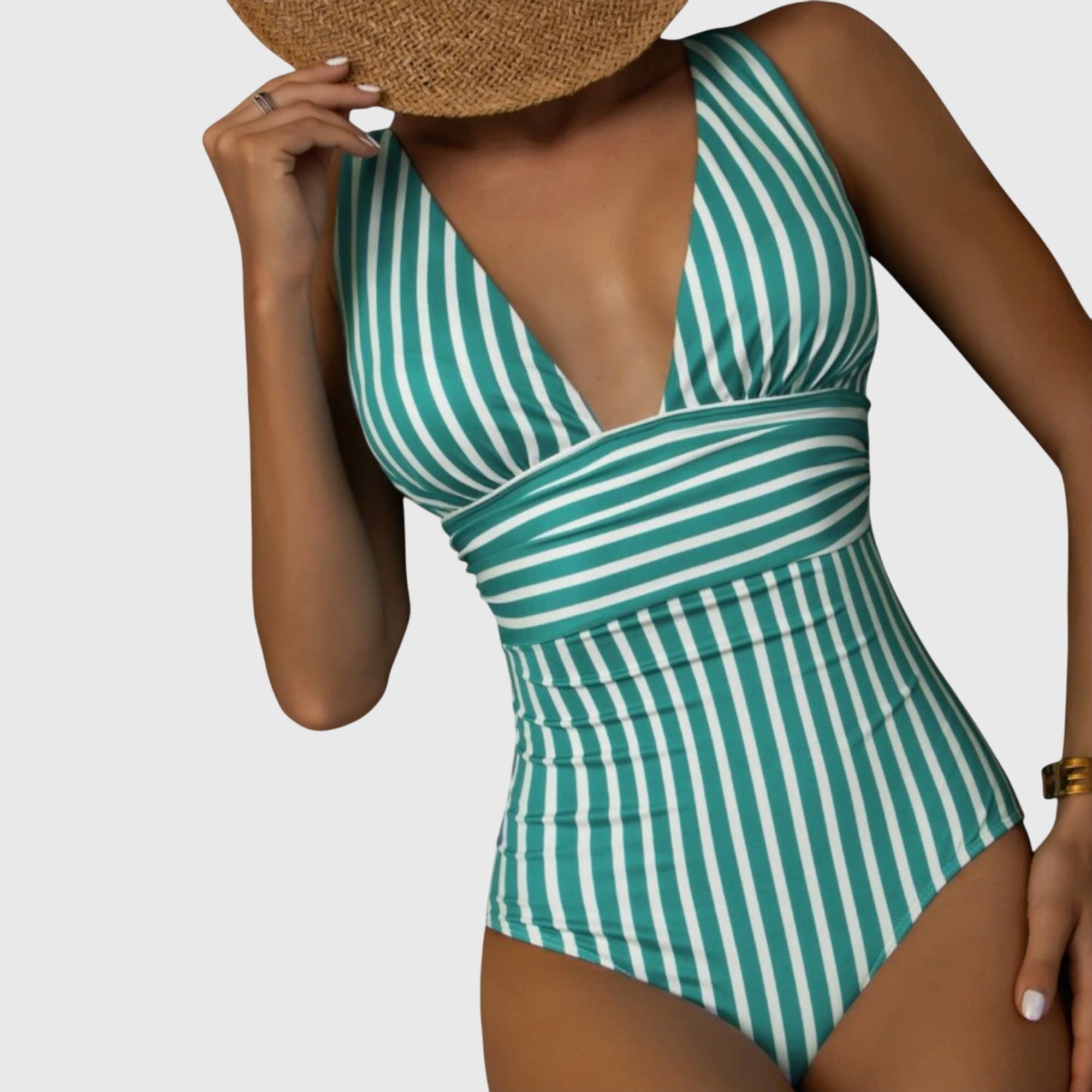 Women's Striped V-Neck Swimsuit - Turquoise