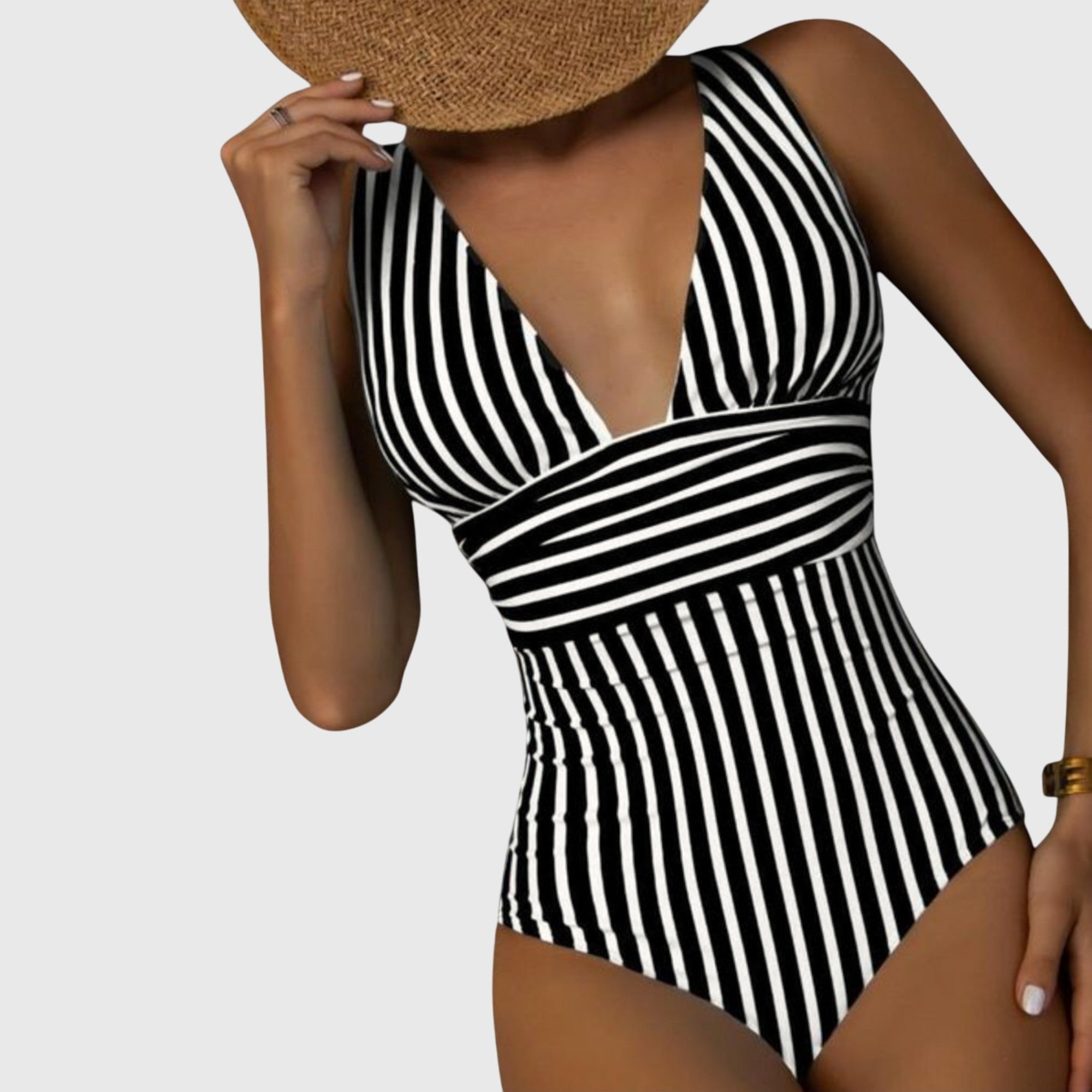 Women's Striped V-Neck Swimsuit - Black