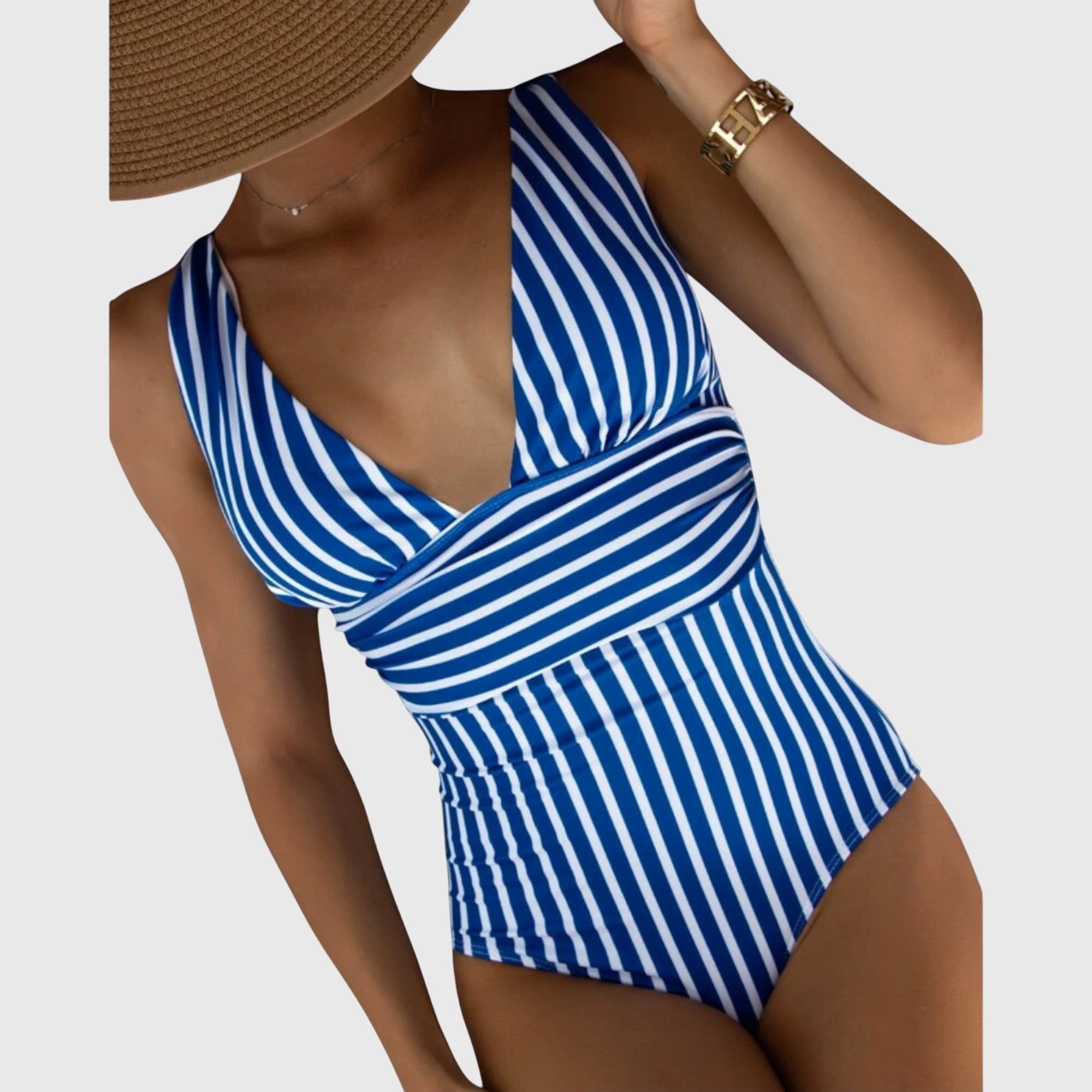 Women's Striped V-Neck Swimsuit - Dark Blue