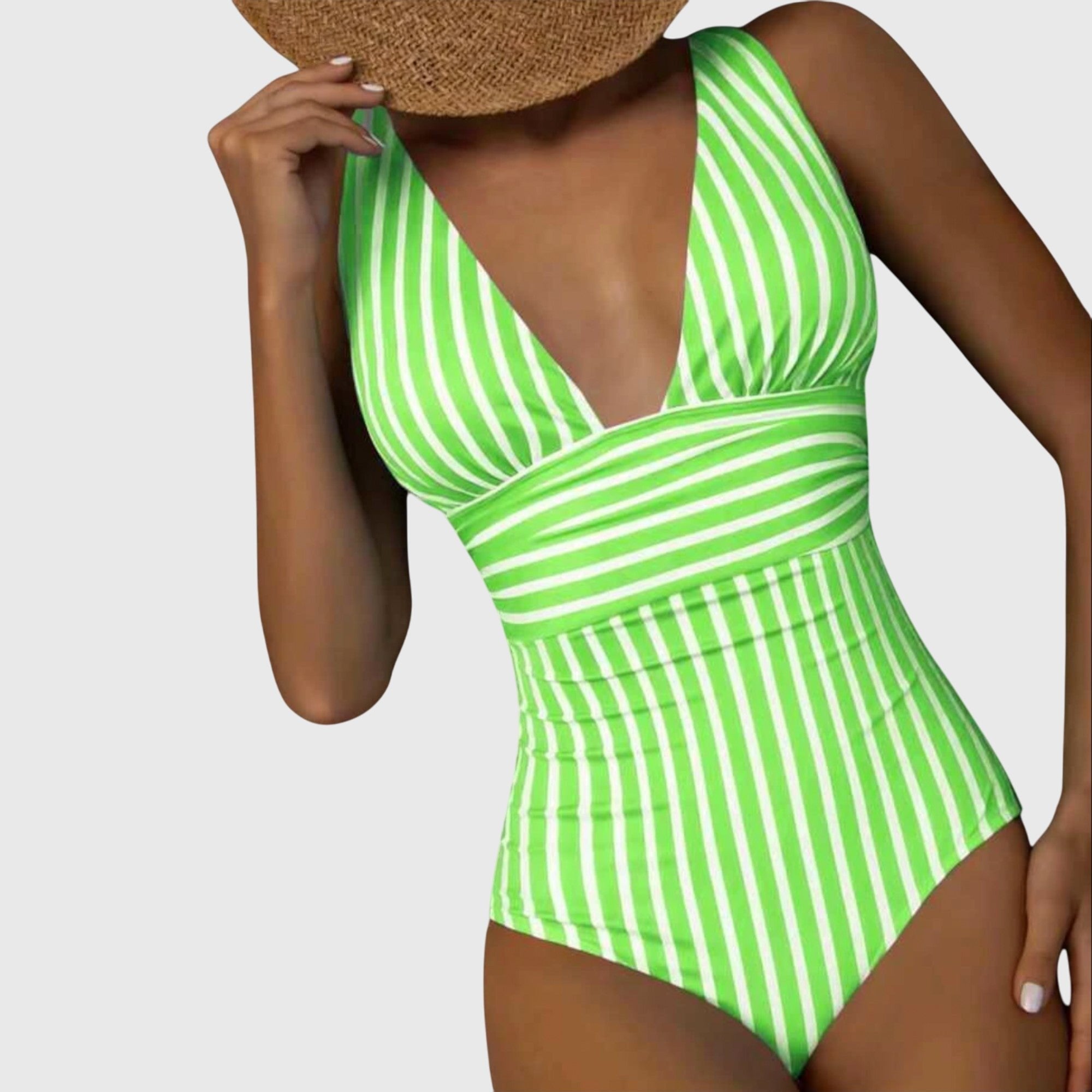 Women's Striped V-Neck Swimsuit - Light Green
