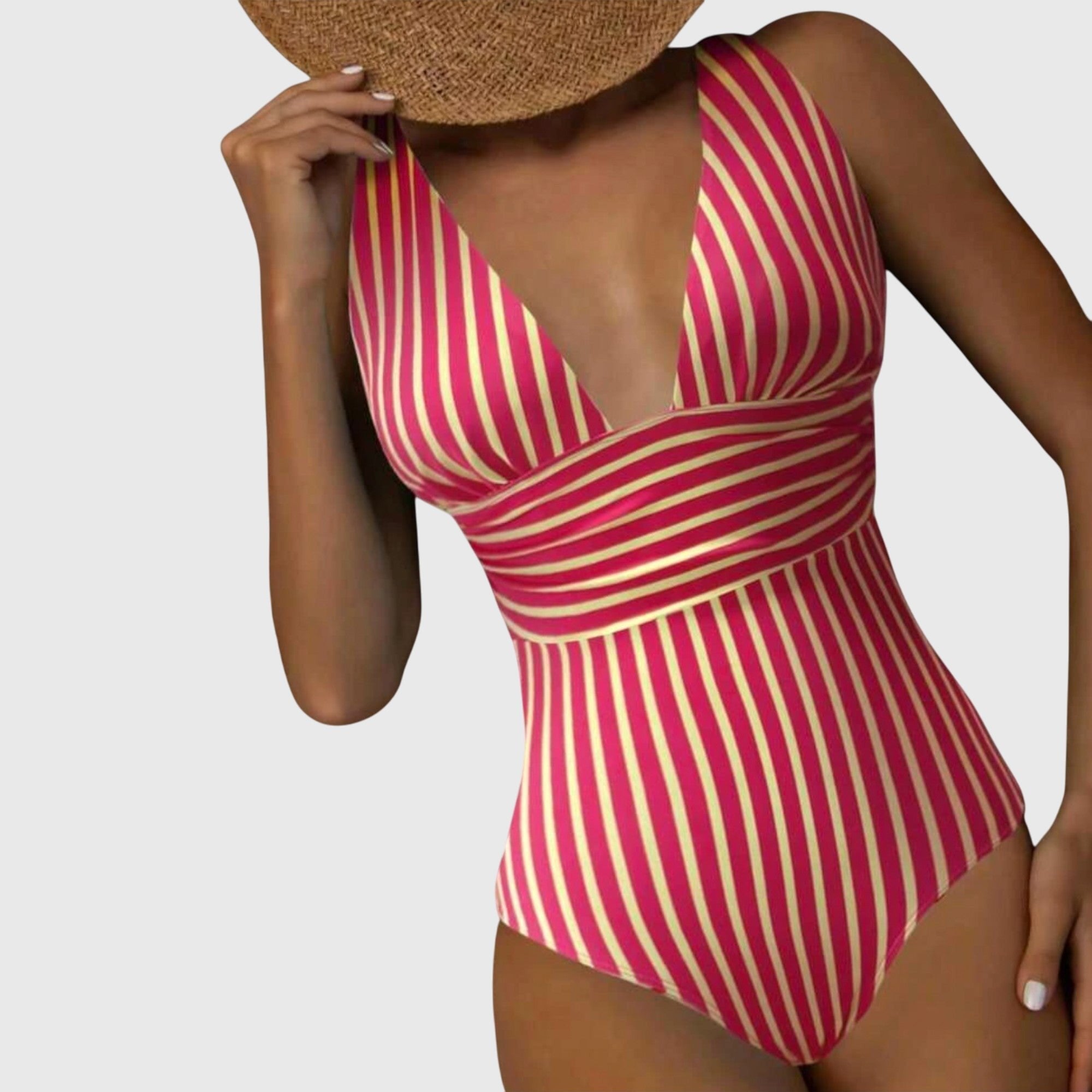 Women's Striped V-Neck Swimsuit - Red