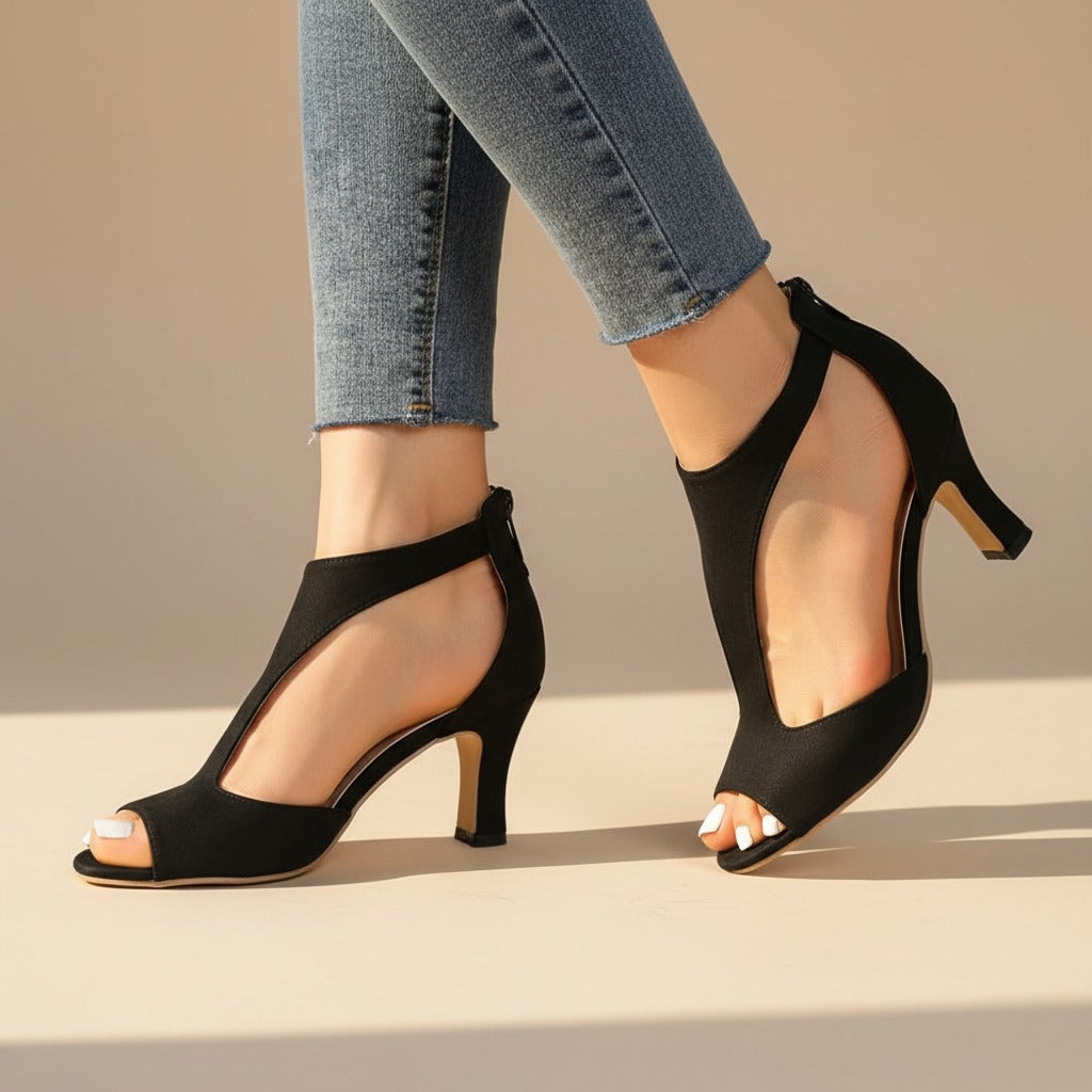 Peep Toe Heeled Sandals - Black