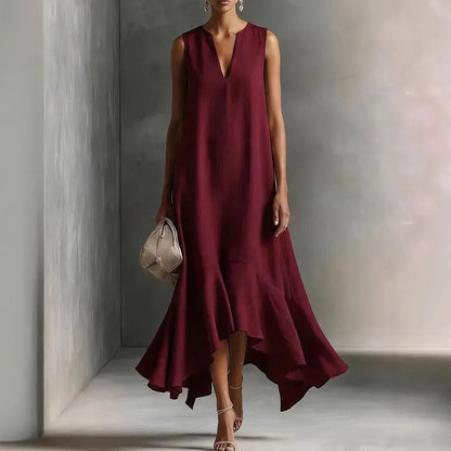 Sleeveless V Neck Maxi Dress - Wine Red