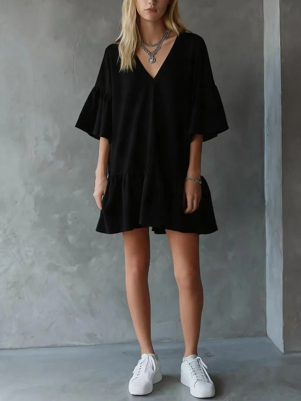 Women's V-Neck Mini Dress - Black