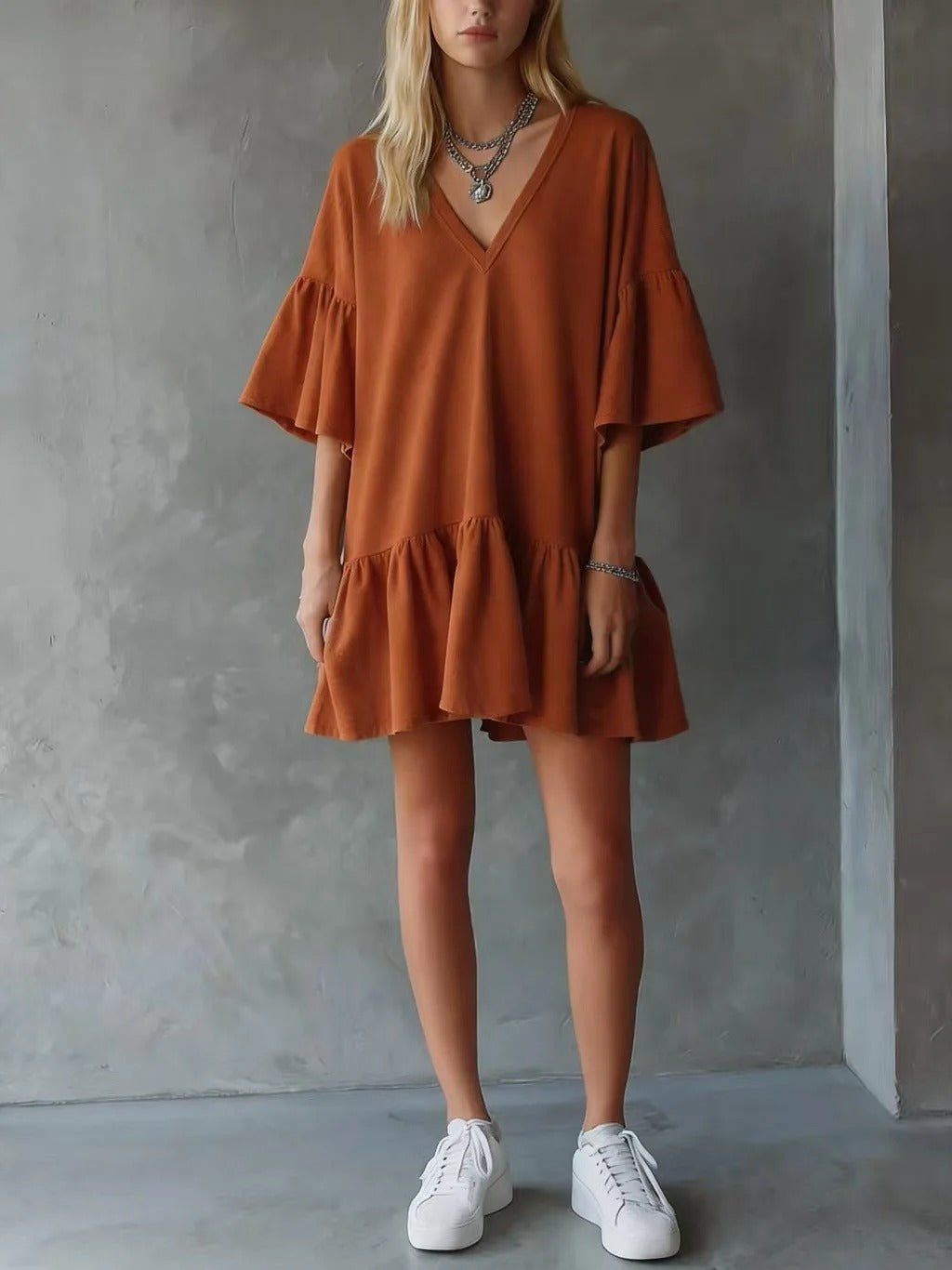 Women's V-Neck Mini Dress - Red