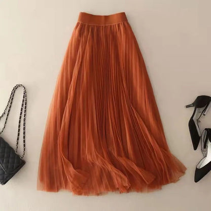 Pleated Tulle Maxi Skirt - Rust Red