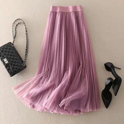 Pleated Tulle Maxi Skirt - Purple