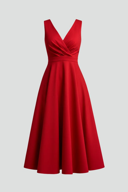 V Neck Fit Flare Midi Dress