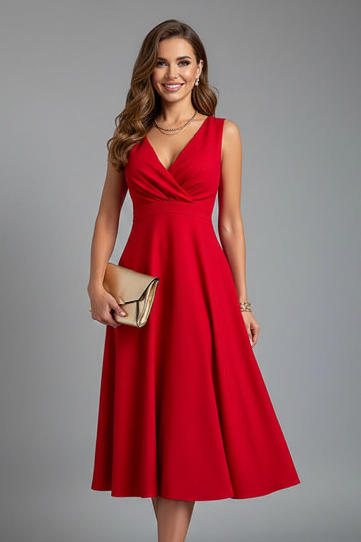 V Neck Fit Flare Midi Dress - Red