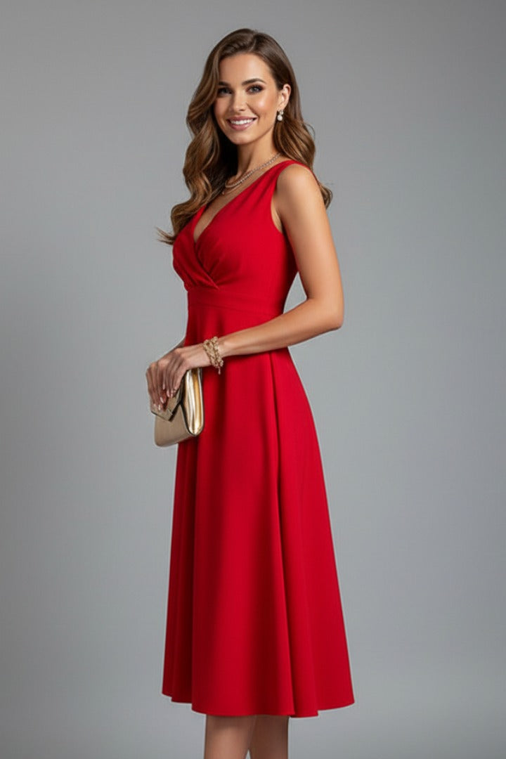 V Neck Fit Flare Midi Dress
